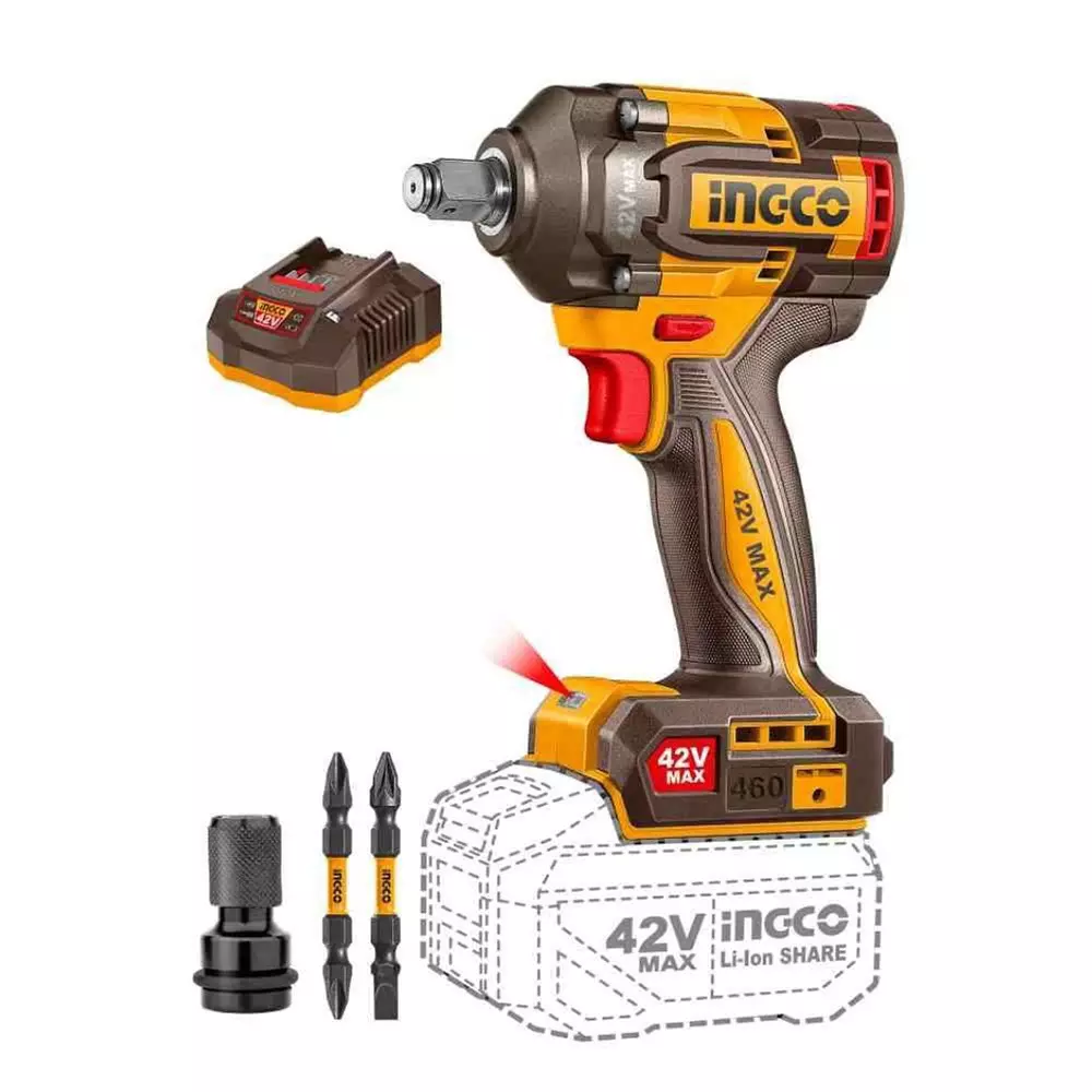 Ingco Cordless Impact Wrench 460 Nm Fastening Torque 12.7 mm (1/2 inch) Square Drive Brushless Motor, CIWLI42462 (with Battery)
