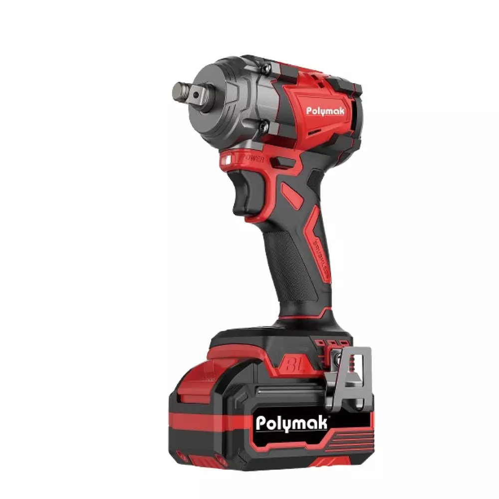 Polymak Brushless Cordless Impact Wrench Kit 1/2 Inch (12.7 mm) Square Drive Size 3 Ah Battery Capacity 18.5 V for Industrial Use, PM-CIW-18.5V-1BL-DY