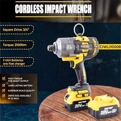 Malfah Enterprises Cordless Impact Wrench 2100 NM Brushless Motor 5 Ah Lithium Battery Yellow & Black, CIWLI10008