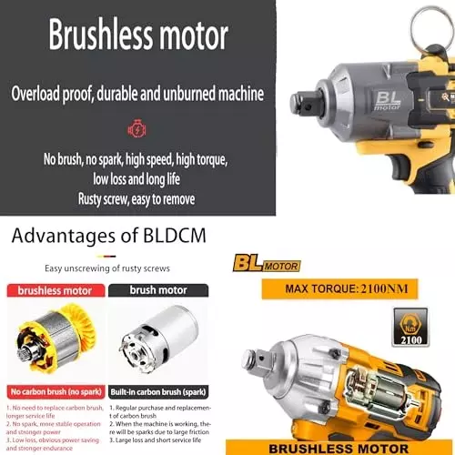 Malfah Enterprises Cordless Impact Wrench 2100 NM Brushless Motor 5 Ah Lithium Battery Yellow & Black, CIWLI10008