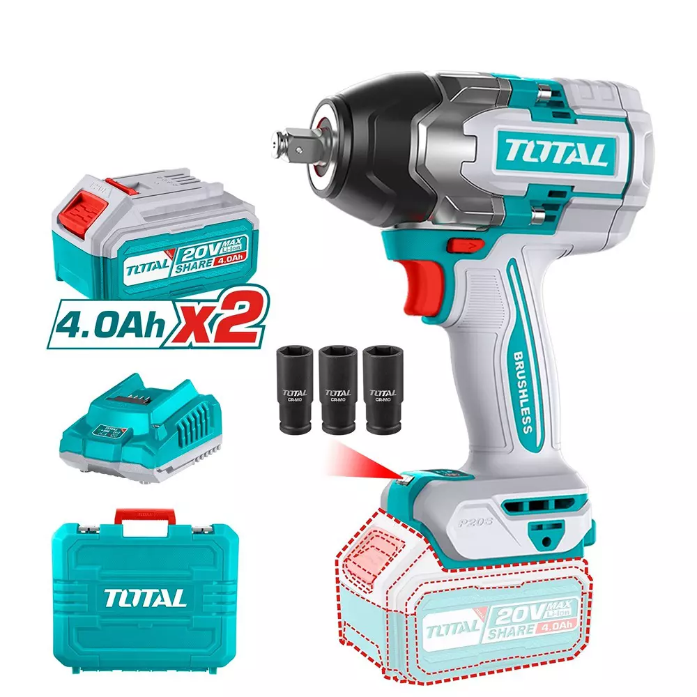 Total Lithium- Ion Impact Wrench 20 V 12.7 mm (1/2 inch) Drive 850 Nm Torque 0-1600/0-2100/0-2400 rpm, TIWLI2085 (1 Kit)
