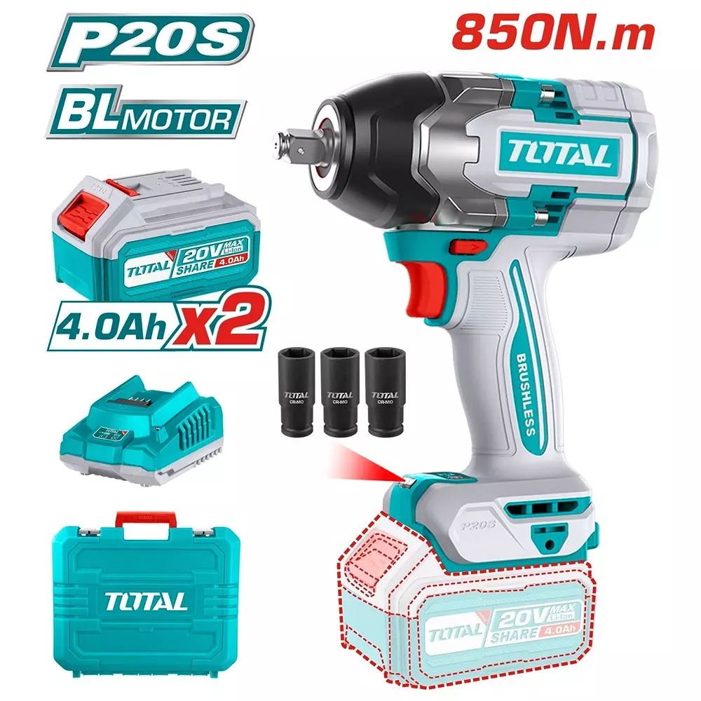 Total Lithium- Ion Impact Wrench 20 V 12.7 mm (1/2 inch) Drive 850 Nm Torque 0-1600/0-2100/0-2400 rpm, TIWLI2085 (1 Kit)
