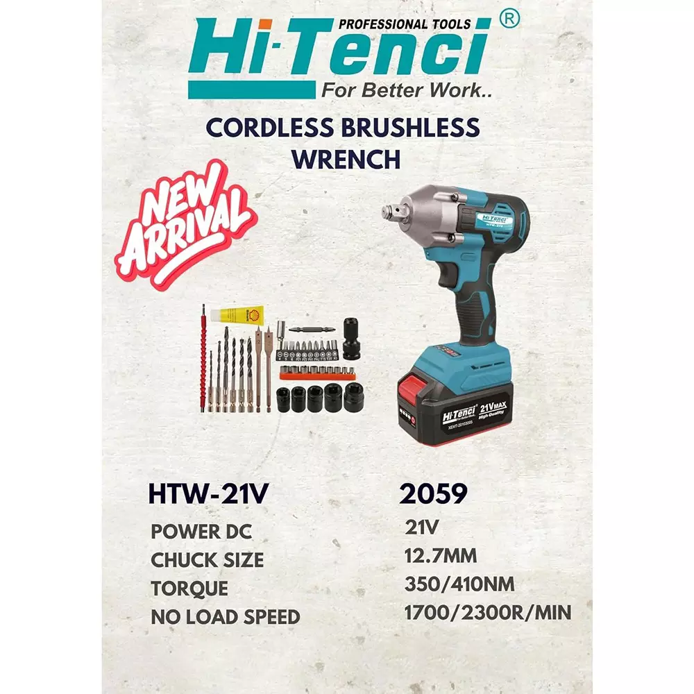 hi-tenci-21-v-cordless-impact-wrench-with-17002300-rpm-no-load-speed-and-127-mm-chuck-size-htw--21v-with-battery-charger