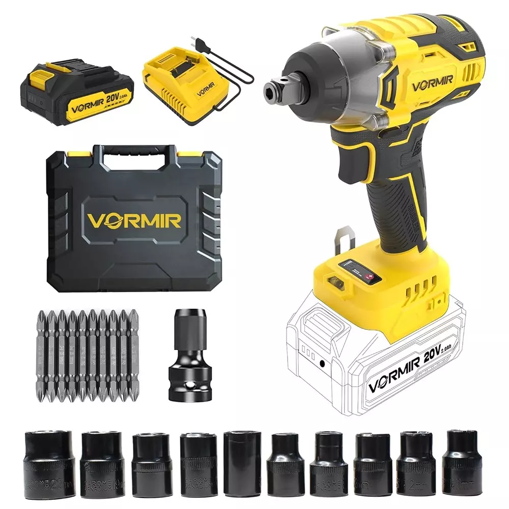 VORMIR Cordless Impact Wrench Kit Brushless 1800-3000 RPM No Load Speed 320 Nm Torque with Battery & Charger, VR BW21-32