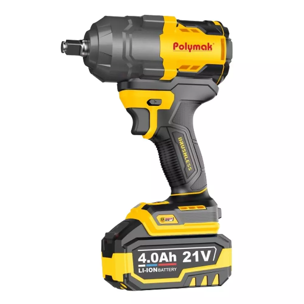 Polymak Brushless Cordless Impact Wrench Kit 1/2 Inch (12.7 mm) Square Drive Size 4 Ah Battery Capacity 21 V for Industrial Use, PM-CIW-21V-2BL-HD