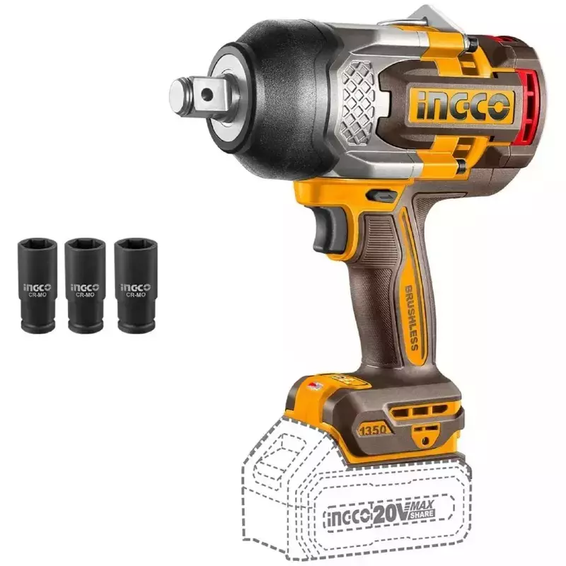 Ingco Cordless Impact Wrench with 3/4 inch (19 mm) Square Drive and 1350 Nm Fastening Torque, CIWLI201351 (Without Battery &  Charger)