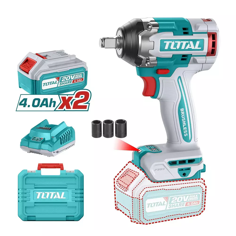 Total Lithium- Ion Impact Wrench 20 V 12.7 mm (1/2 inch) Drive and 2x4.0 Ah Battery 500 Nm Torque 0-1200/0-1800/0-2200 rpm, TIWLI2050 (1 Kit)