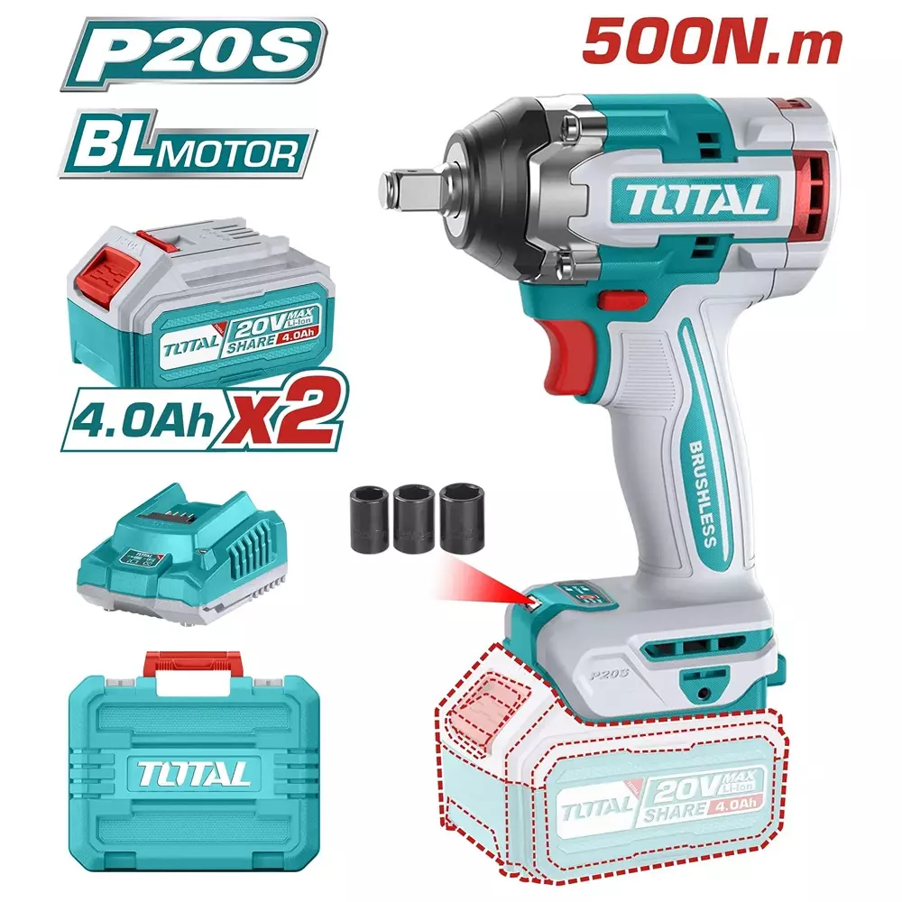 Total Lithium- Ion Impact Wrench 20 V 12.7 mm (1/2 inch) Drive and 2x4.0 Ah Battery 500 Nm Torque 0-1200/0-1800/0-2200 rpm, TIWLI2050 (1 Kit)