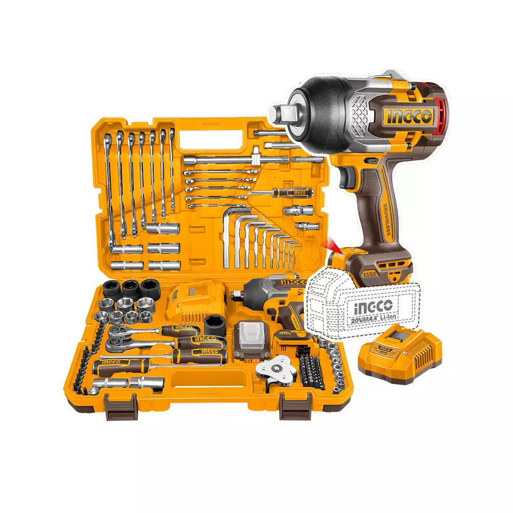 INGCO 126 Pcs Cordless Impact Wrench Tool Set with 3/4 inch (19.05 mm) Square Drive and 1350 Nm Fastening Torque, HKTHP31261 (With Battery & Charger)