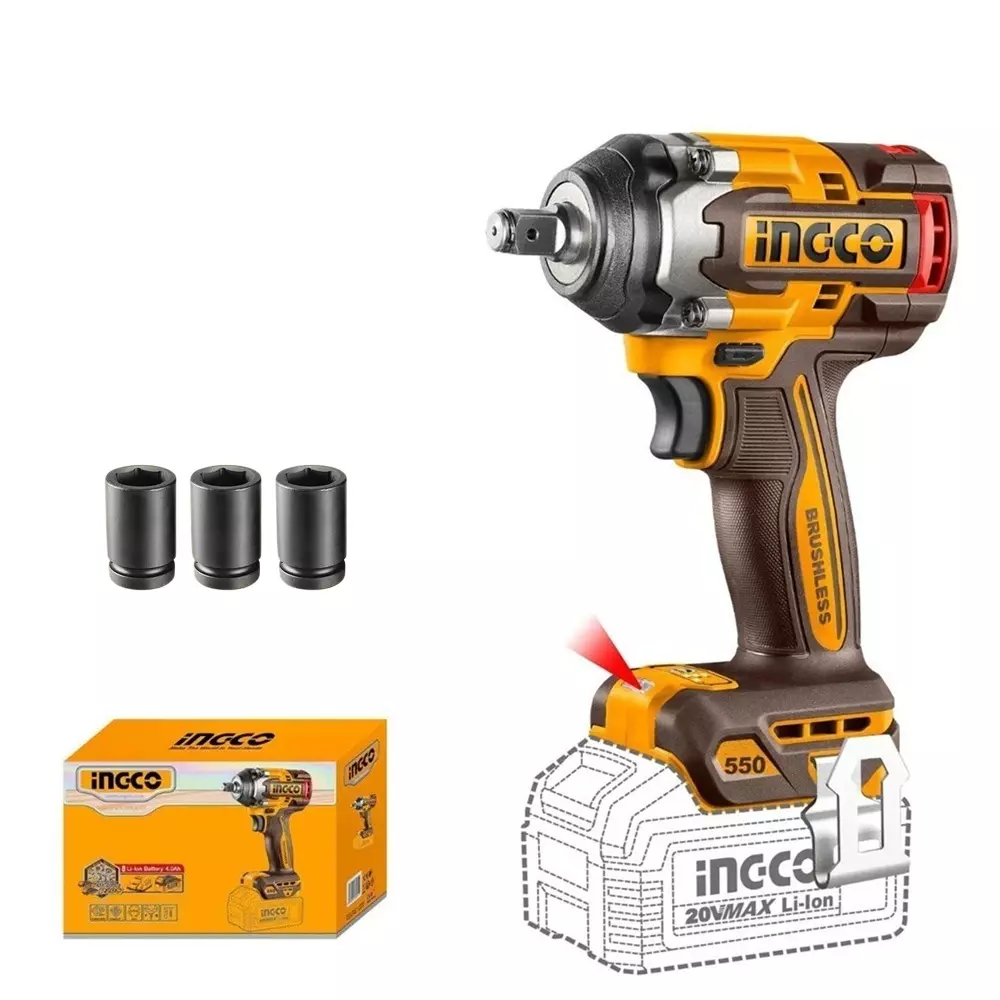 Ingco Cordless Impact Wrench 20 V Brushless Motor 0-1500/0-2000/0-2500 RPM No Load Speed, CIWLI20551 (Without Battery & Charger)