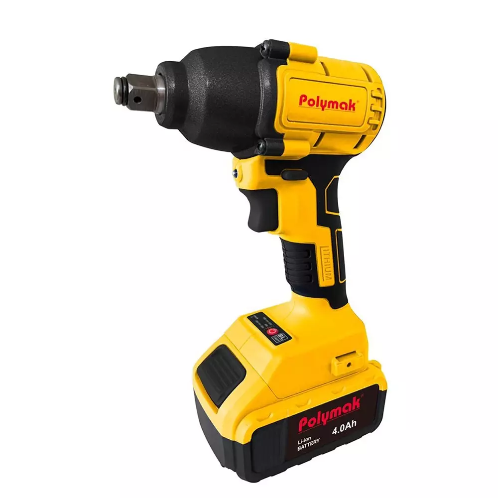 Polymak Brushless Cordless Impact Wrench Kit 1/2 Inch (12.7 mm) Square Drive Size 4 Ah Battery Capacity 18 V for Industrial Use, PM-CIW-18V-2BL