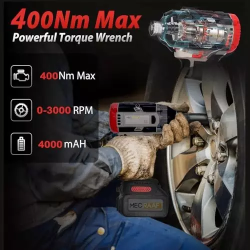 MECRAAF Cordless Impact Wrench with Charger & Battery Kit 21 V 3000 RPM Speed 400 N·m Torque Grey & Black, IW 400NM DE