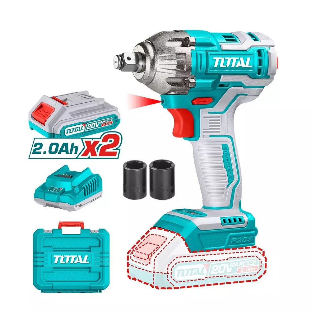 Total Lithium- Ion Impact Wrench 20 V 12.7 mm (1/2 inch) Drive 300 Nm Torque 0-1300/0-2300 rpm, TIWLI2038 (1 Kit)