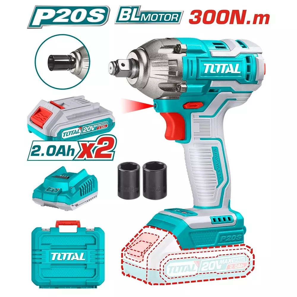 Total Lithium- Ion Impact Wrench 20 V 12.7 mm (1/2 inch) Drive 300 Nm Torque 0-1300/0-2300 rpm, TIWLI2038 (1 Kit)