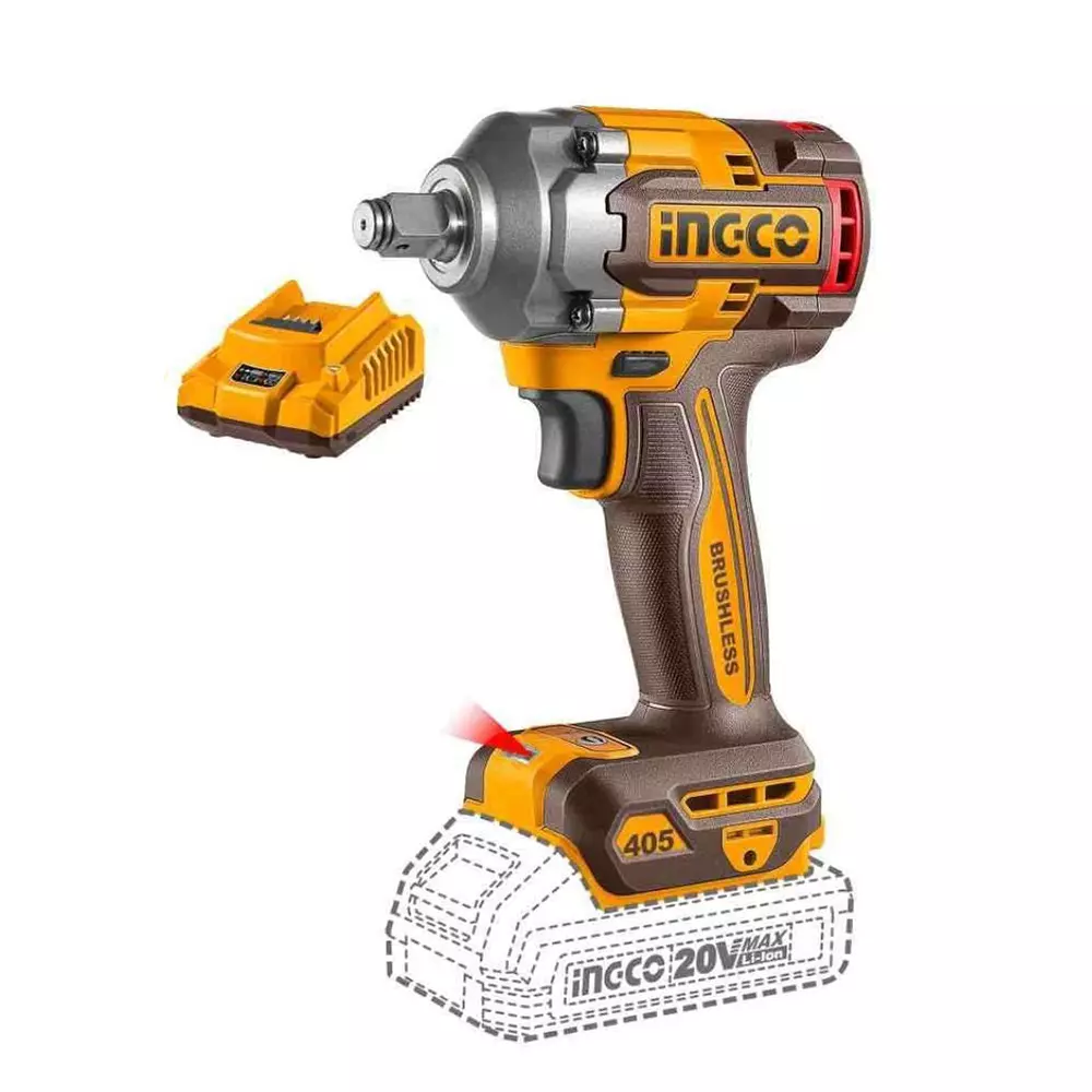 Ingco Cordless Impact Wrench 2.0 Ah Battery Capacity 405 Nm Torqure Brushless Motor, CIWLI2045 (with Battery)