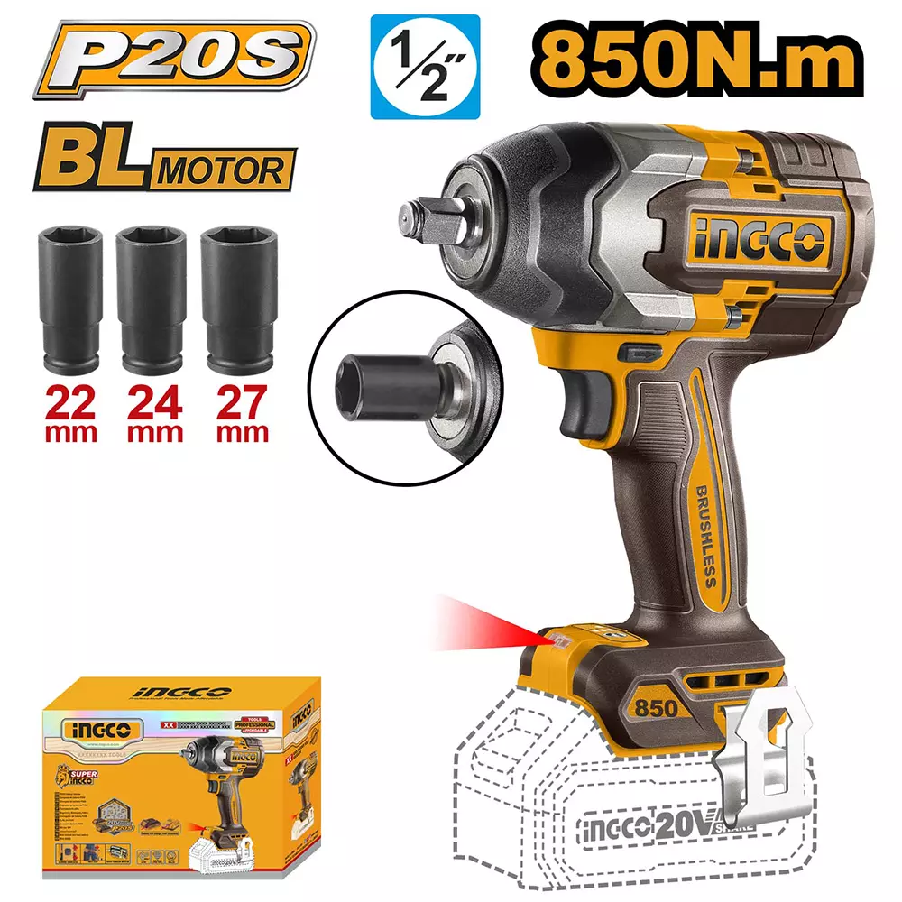 Ingco 1/2 inch (12.7 mm) 850 Nm Cordless Impact Wrench, CIWLI20851 (Without Battery & Charger)