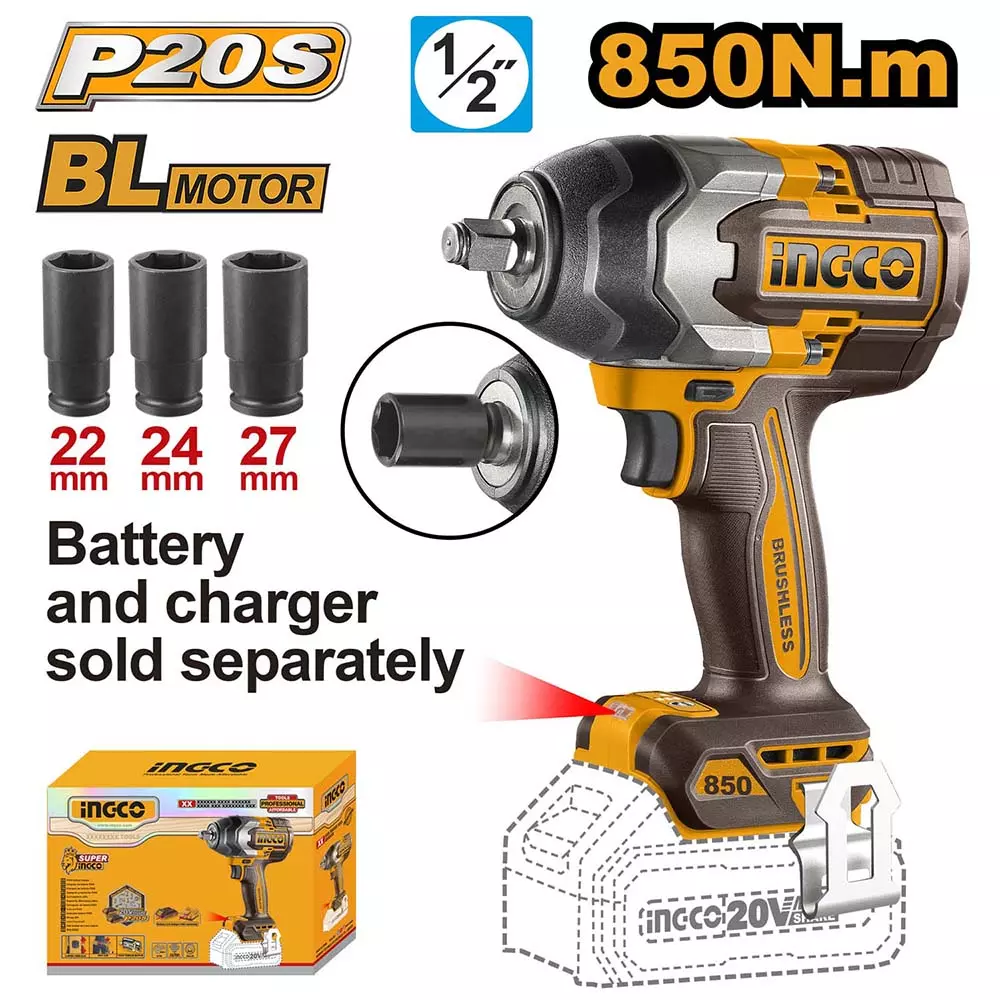 Ingco 1/2 inch (12.7 mm) 850 Nm Cordless Impact Wrench, CIWLI20851 (Without Battery & Charger)