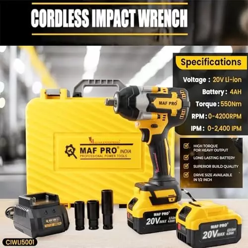 Malfah Enterprises Cordless Impact Wrench 550 NM Brushless Motor 4 Ah Lithium Battery Yellow & Black, CIWLI5001