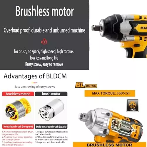 Malfah Enterprises Cordless Impact Wrench 550 NM Brushless Motor 4 Ah Lithium Battery Yellow & Black, CIWLI5001