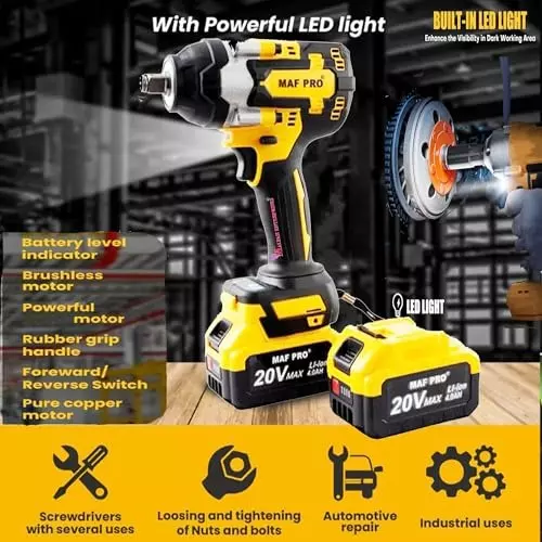 Malfah Enterprises Cordless Impact Wrench 550 NM Brushless Motor 4 Ah Lithium Battery Yellow & Black, CIWLI5001