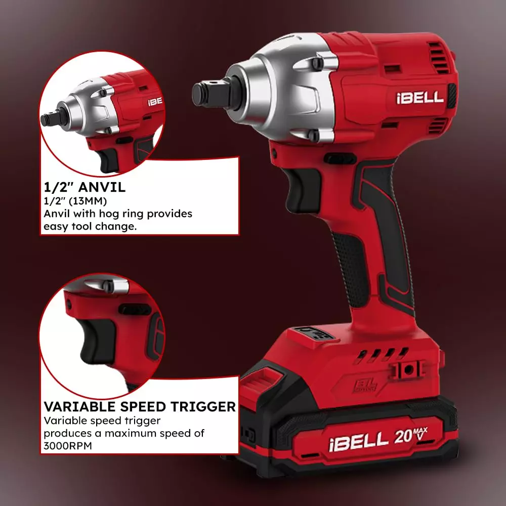 IBELL One Power 20 W and 3000 RPM Brushless Cordless Impact Wrench (With 2 Ah Battery and Charger), BW20-32