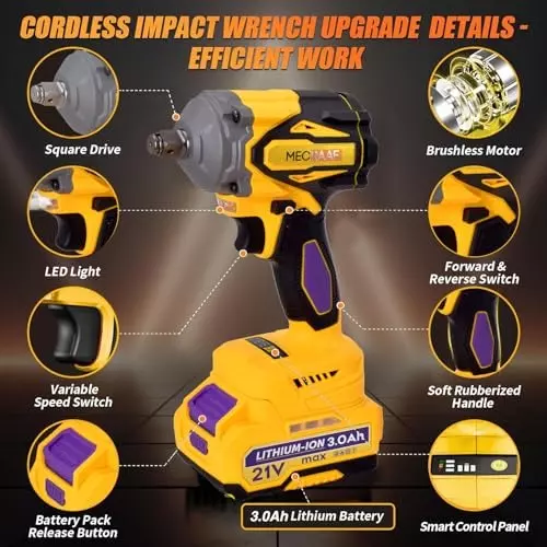 MECRAAF Cordless Impact Wrench With Charger & Battery Kit 21 V 2300 RPM Speed 550 N·m Torque Yellow & Black, IW 550NM HS