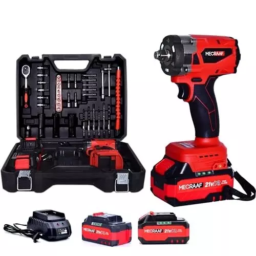 MECRAAF Cordless Impact Wrench with Charger & Battery Kit 21 V 3000 RPM Speed 350 N·m Torque Red & Black, IW KIT BG