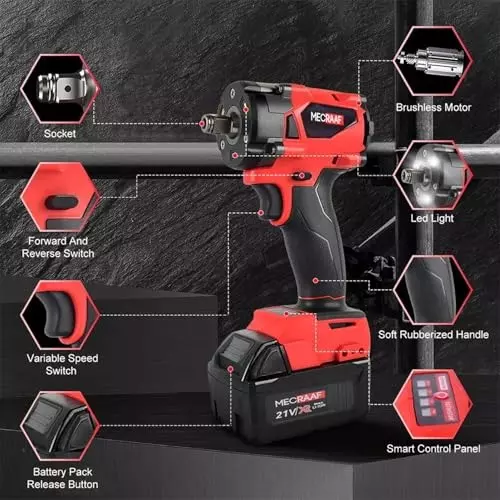 MECRAAF Cordless Impact Wrench with Charger & Battery Kit 21 V 3000 RPM Speed 350 N·m Torque Red & Black, IW KIT BG