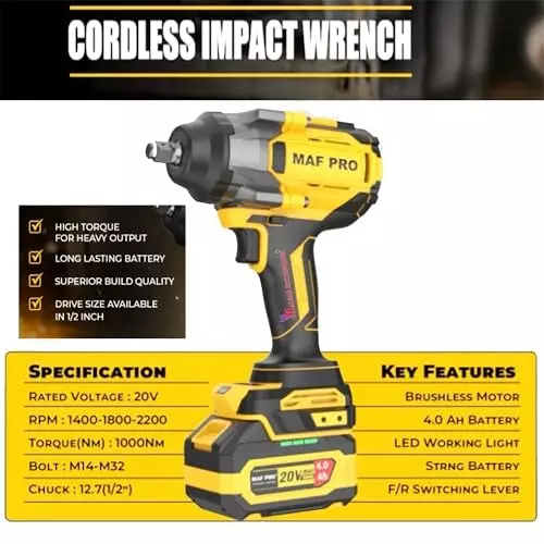 Malfah Enterprises Cordless Impact Wrench 1000 NM Brushless Motor 4 Ah Lithium Battery Yellow & Black, CIWLI10001