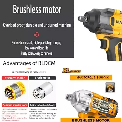 Malfah Enterprises Cordless Impact Wrench 1000 NM Brushless Motor 4 Ah Lithium Battery Yellow & Black, CIWLI10001