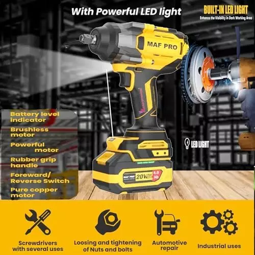 Malfah Enterprises Cordless Impact Wrench 1000 NM Brushless Motor 4 Ah Lithium Battery Yellow & Black, CIWLI10001