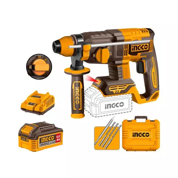 Ingco Cordless Rotary Hammer Drill SDS Plus Chuck 2.0 J Impact Energy and 0-4700 BPM Impact Rate, CRHLI212282 (With Battery and Charger)
