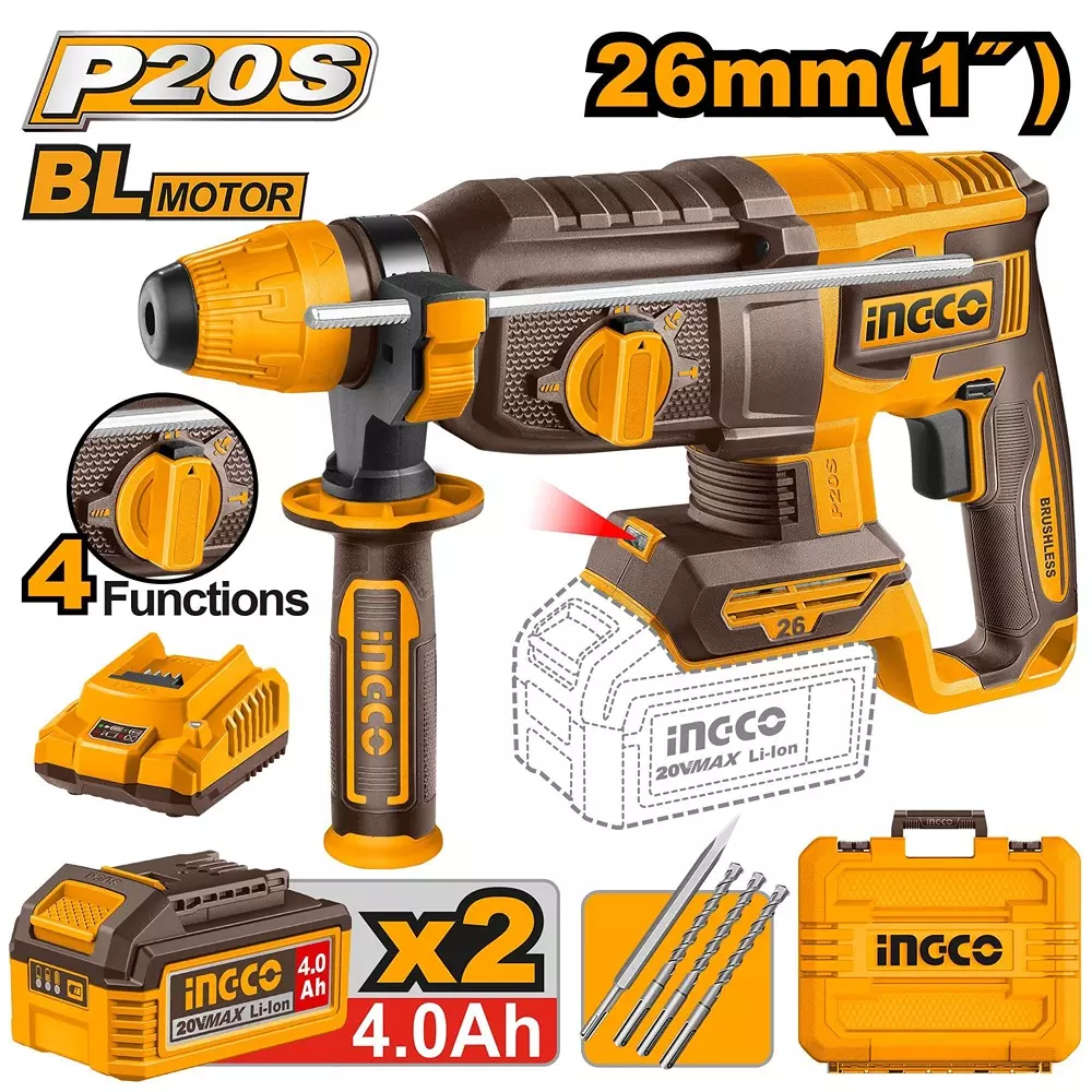 Ingco Cordless Rotary Hammer with 26 mm SDS Plus Chuck and 0-5000 BPM Impact Rate, CRHLI202682 (With Battery, Charger & Accessories)