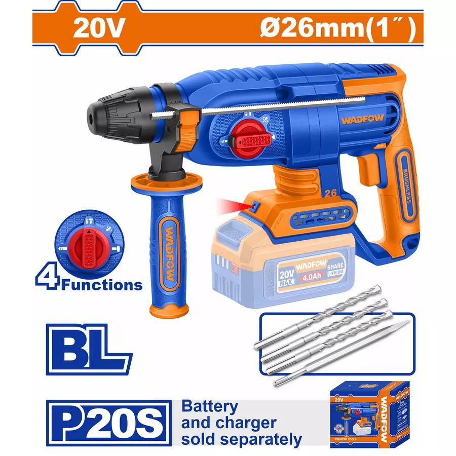 wadfow-cordless-rotary-hammer-0-5000-bpm-impact-rate-0-1100-rpm-no-load-speed-25-j-impact-energy-brushless-motor-type-wlm1b262