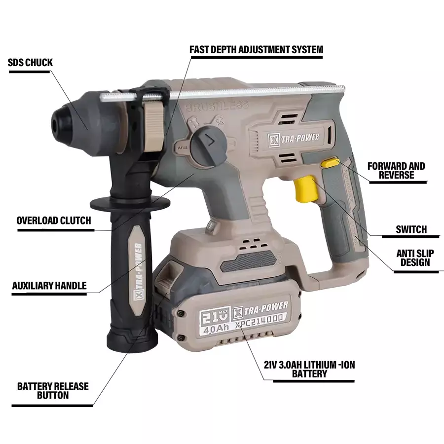 xtra-power-brushless-cordless-rotary-hammer-26-mm-drilling-diameter-0-4500-bpm-impact-power-with-21-v-40-ah-battery-charger-xpc-rh-02