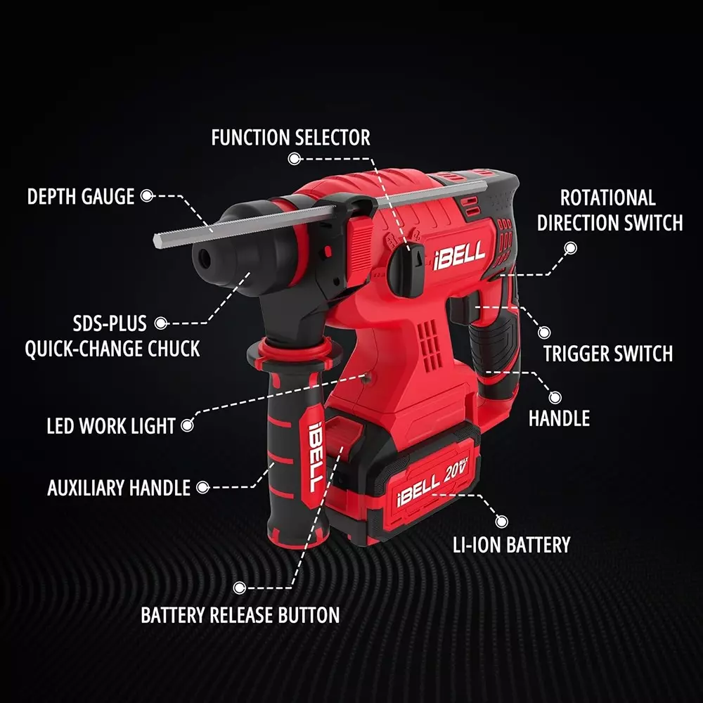 ibell-cordless-rotary-hammer-drill-set-1400-rpm-maximum-rotational-speed-with-40-ah-battery-charger-bh22-47