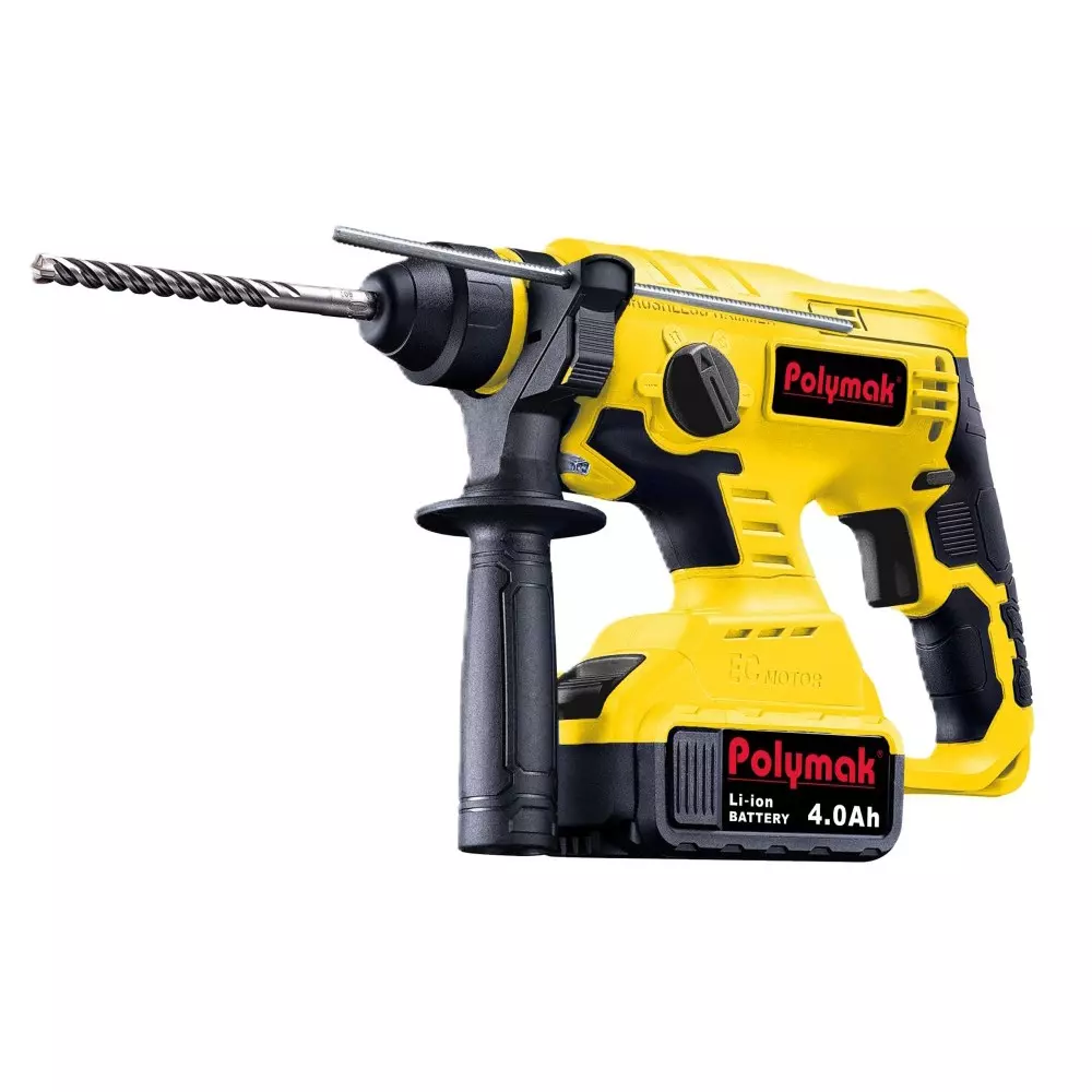 Polymak Brushless Cordless Rotary Hammer Kit 20 mm Drilling Capacity 4 Ah Battery Capacity 18 V for Industrial Use, PM-CRH-18VB-2BL