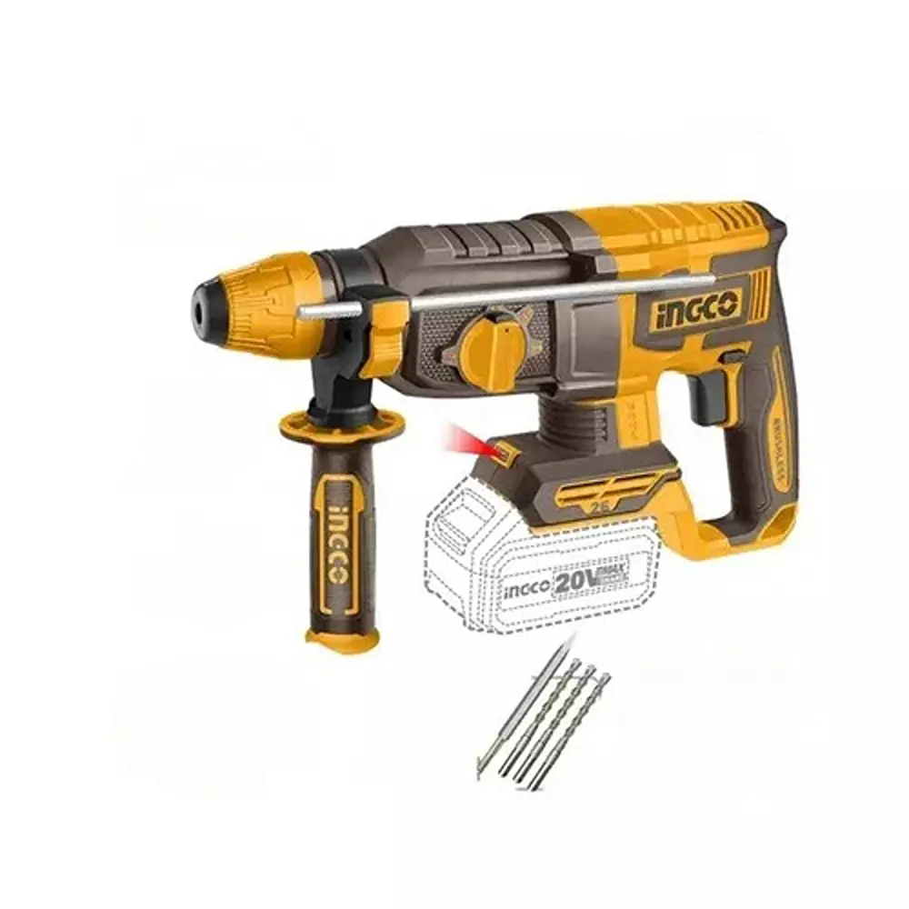 INGCO 20 V Cordless Rotary Hammer with 0-1100 RPM No Load Speed SDS Plus Chuck and 0-5000 BPM Impact Rate, CRHLI20268 (Without Battery & Charger, With 3 Drill Bits & 1 Chisel)