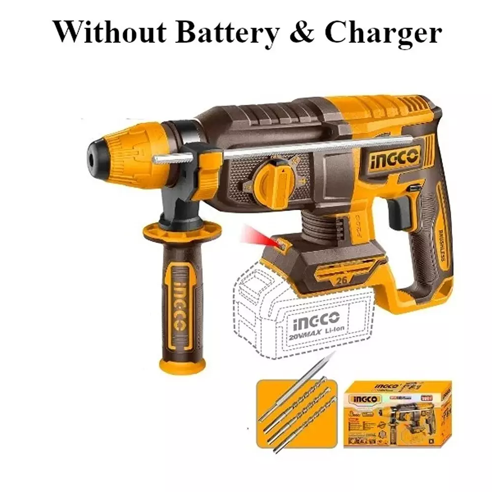 ingco-20-v-cordless-rotary-hammer-with-0-1100-rpm-no-load-speed-sds-plus-chuck-and-0-5000-bpm-impact-rate-crhli20268-without-battery-charger-with-3-drill-bits-1-chisel
