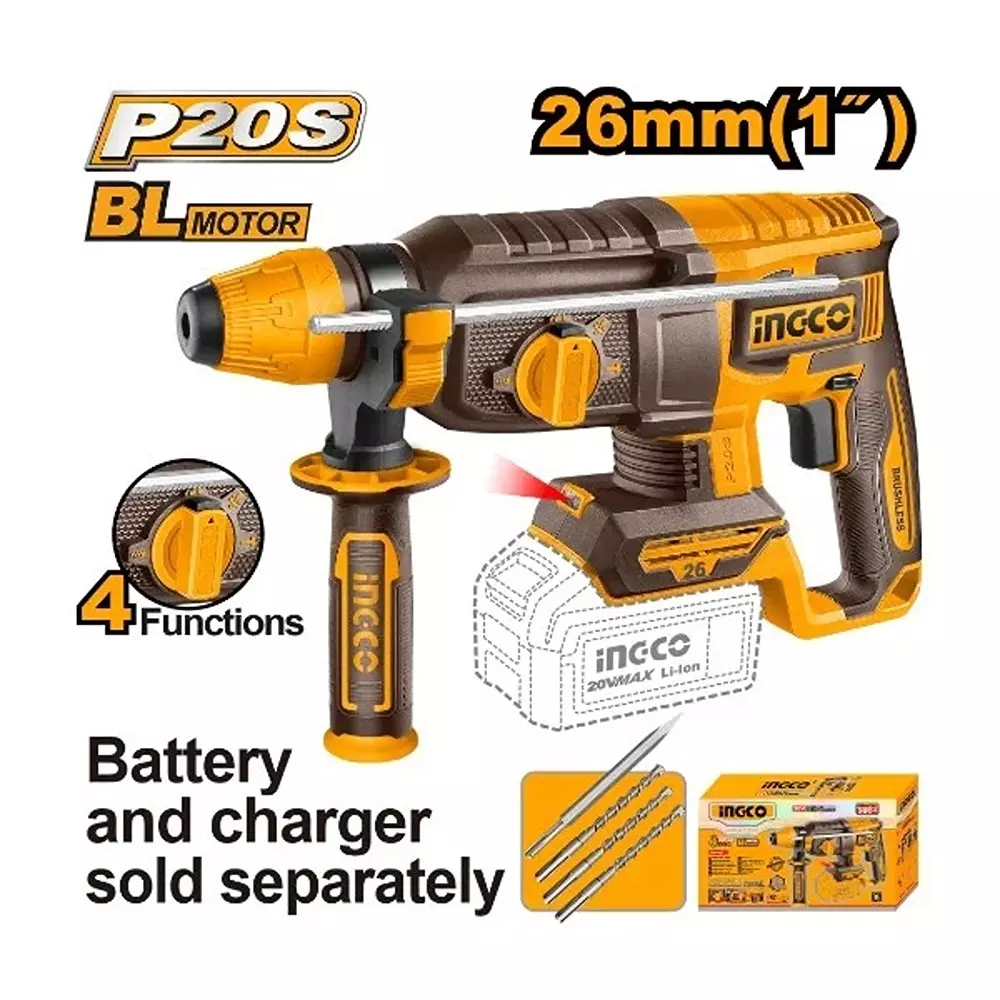 ingco-20-v-cordless-rotary-hammer-with-0-1100-rpm-no-load-speed-sds-plus-chuck-and-0-5000-bpm-impact-rate-crhli20268-without-battery-charger-with-3-drill-bits-1-chisel