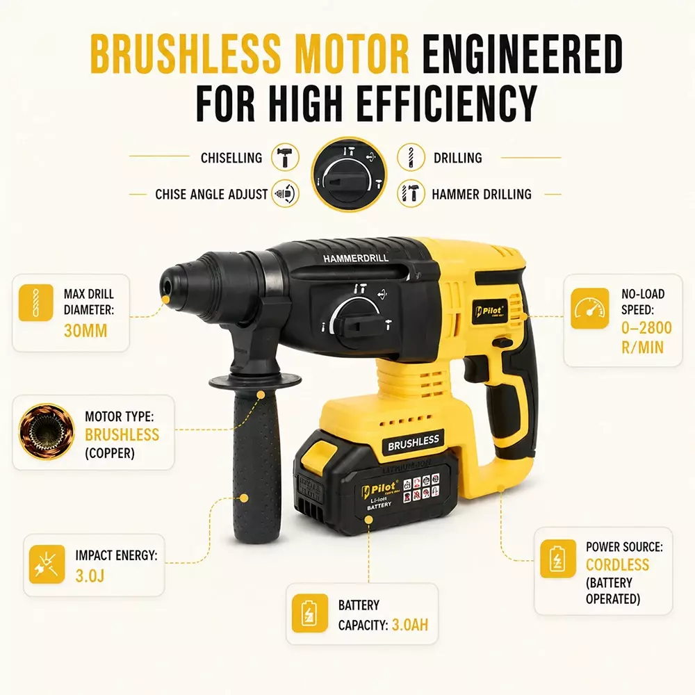 pilot-21-v-cordless-rotary-hammer-drill-with-brushless-motor-0-2800-rpm-no-load-speed-and-26-mm-drilling-capacity-pl-crh-26-with-battery-charger