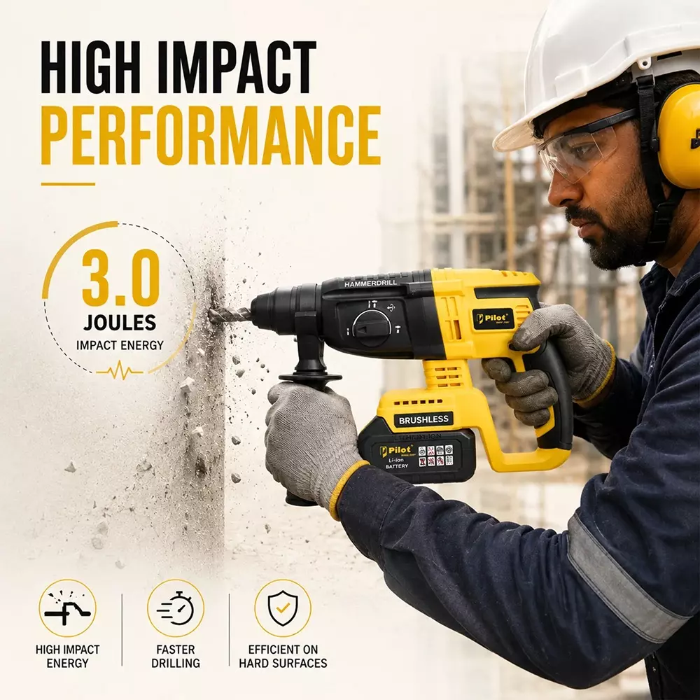 pilot-21-v-cordless-rotary-hammer-drill-with-brushless-motor-0-2800-rpm-no-load-speed-and-26-mm-drilling-capacity-pl-crh-26-with-battery-charger
