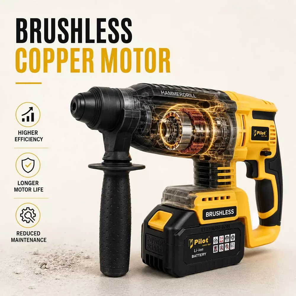 pilot-21-v-cordless-rotary-hammer-drill-with-brushless-motor-0-2800-rpm-no-load-speed-and-26-mm-drilling-capacity-pl-crh-26-with-battery-charger