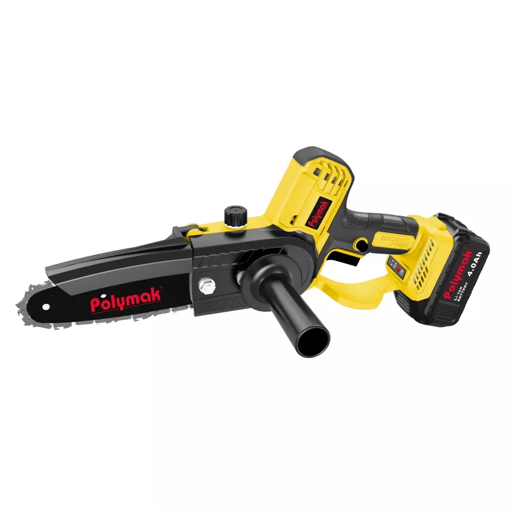 Polymak Brushless Cordless Hand Saw Kit 10 Inch (254 mm) Guide Bar Length 13 m/s Chain Speed 220 mm Cutting Capacity for Industrial Use, PM-CHS-18VB-2BL