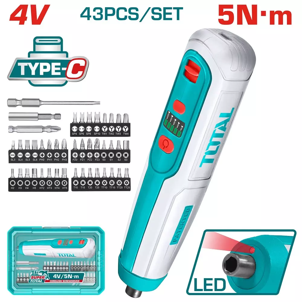 total-lithium-ion-cordless-screwdriver-with-kit-635-mm-14-inch-shank-5-nm-maximum-torque-tsdli04062-1-kit