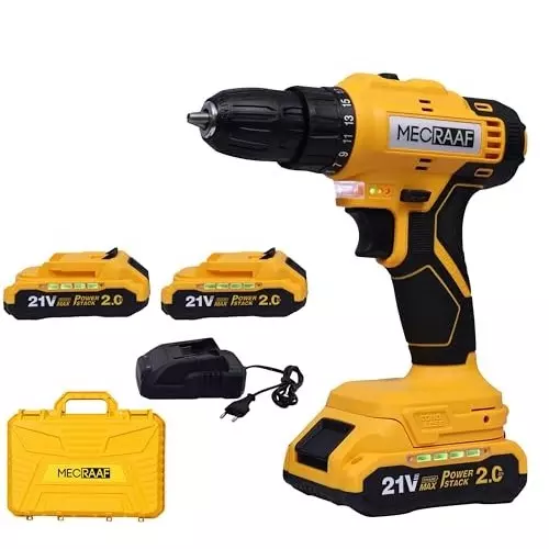 MECRAAF Cordless Drill Machine Cum Screwdriver with Charger & Battery Kit 21 V 1300 RPM Speed 10 mm Chuck Yellow & Black, MC-2110