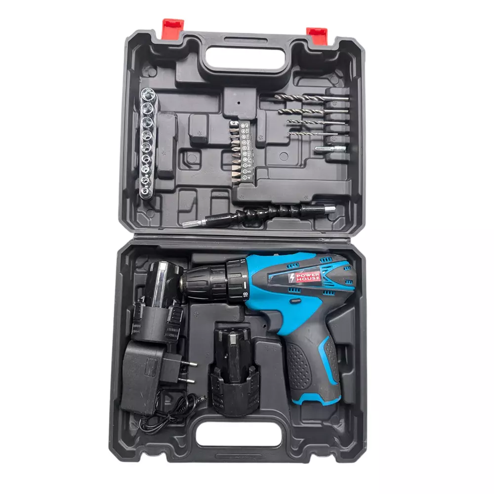 Powerhouse Cordless Drill Screwdriver Kit 10 mm Keyless Chuck 1300 RPM, 1.5 Amp, PHS12