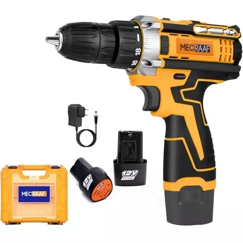 MECRAAF Cordless Screwdriver with Charger & Battery Kit 12 V 1350 RPM 10 mm (Keyless) Chuck Yellow & Black, 12V-YS BG