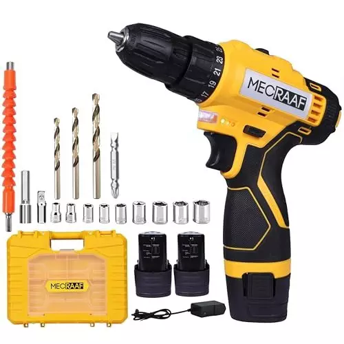 MECRAAF Cordless Drill Machine Cum Screwdriver with Charger & Battery Kit 12 V 1300 RPM Speed 10 mm Chuck Yellow & Black, MC-1210