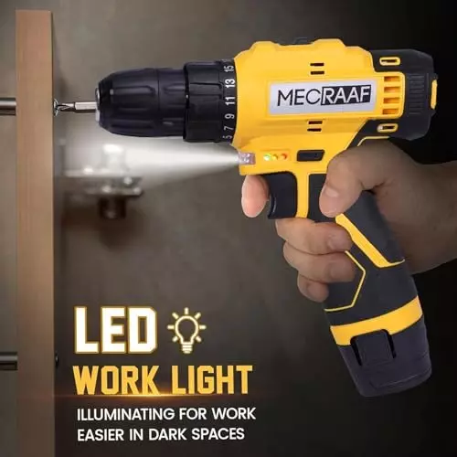 MECRAAF Cordless Drill Machine Cum Screwdriver with Charger & Battery Kit 12 V 1300 RPM Speed 10 mm Chuck Yellow & Black, MC-1210